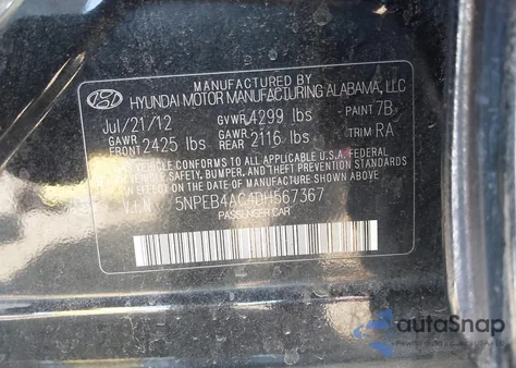 2013 Hyundai Sonata Gls from USA, damaged, VIN 5NPEB4AC4DH567367